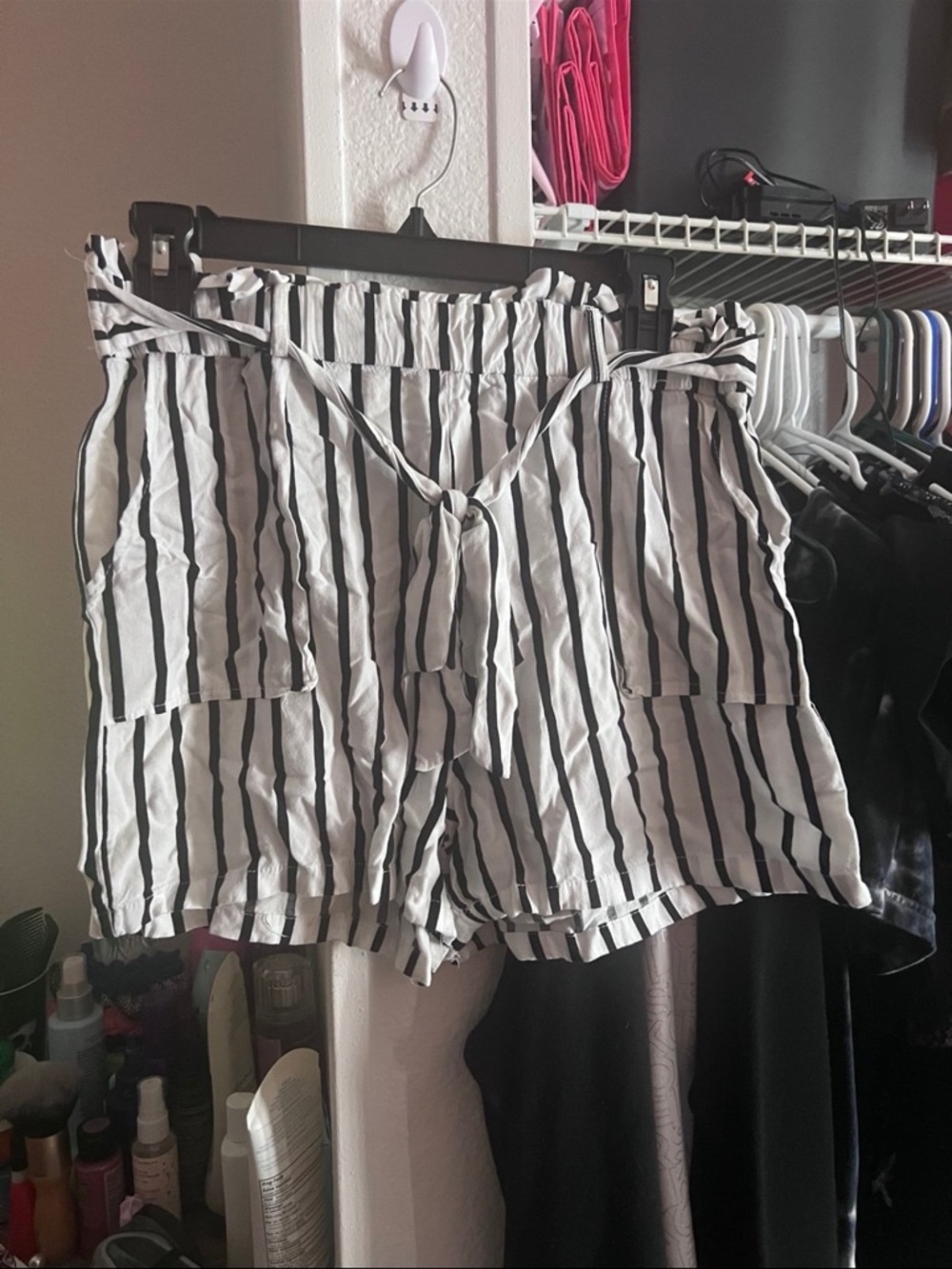 shosho Black & White Vertical Stripe Paperbag Shorts